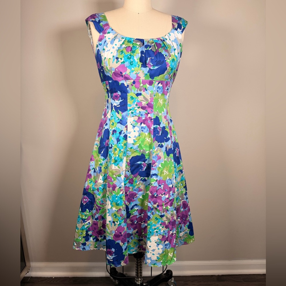 London Times Floral Midi Dress - Blue, Green, Purple